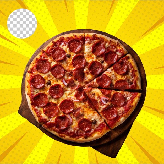 Freshly baked delicious pizza with a cut slice isolated on transparent background