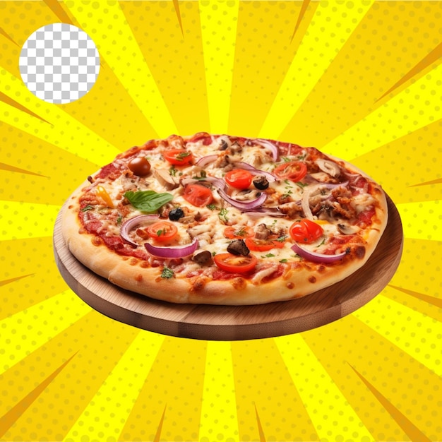 Freshly baked delicious pizza with a cut slice isolated on transparent background