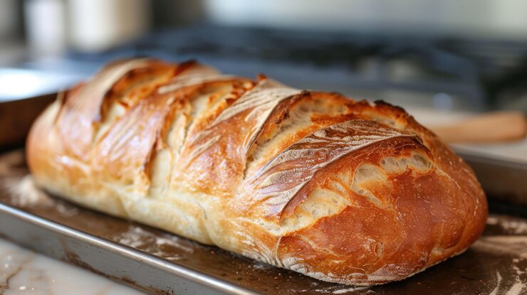 PSD a freshly baked loaf of sourdough bread sits on a baking sheet