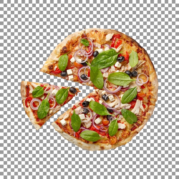 PSD Свежеиспеченная пицца с отрезанным ломтиком, изолированным на прозрачном фоне