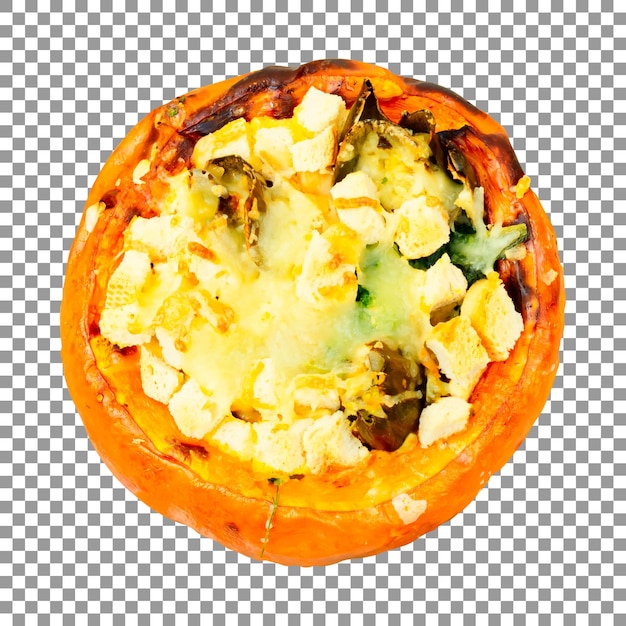 Freshly baked pumpkin filled with cheese and vegetables on transparent background