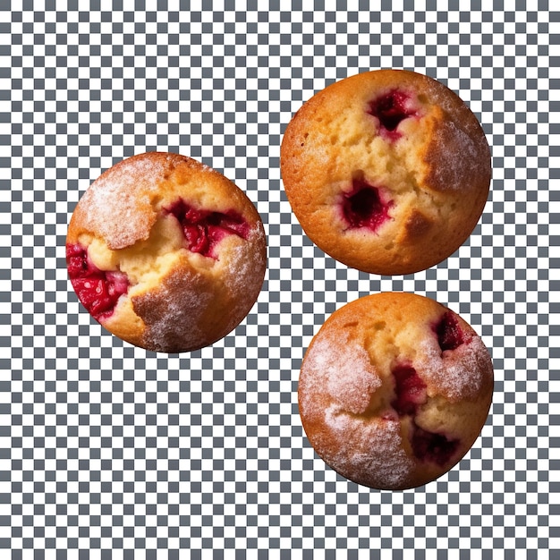 Freshly baked three raspberry muffin isolated on transparent background