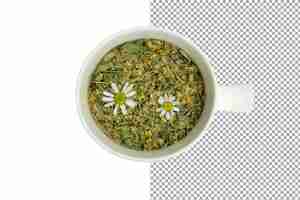 PSD freshly brewed chamomile tea in a mug top view isolated on transparent background