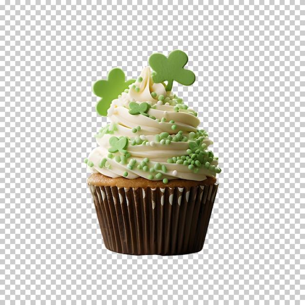 freshly green cupcake with shamrock plant isolated on transparent background