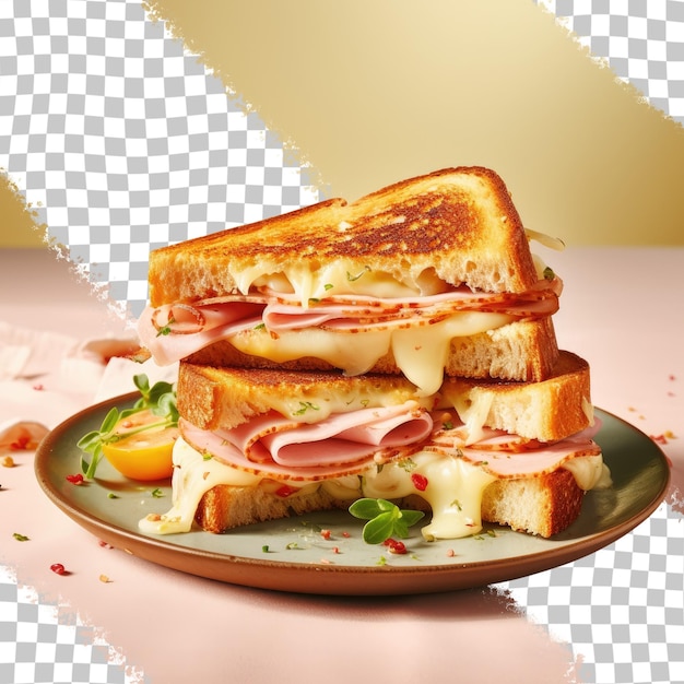 PSD 透明な背景のコピースペースのセラミックプレートに新鮮に作られたハムとチーズのグリルサンドイッチ