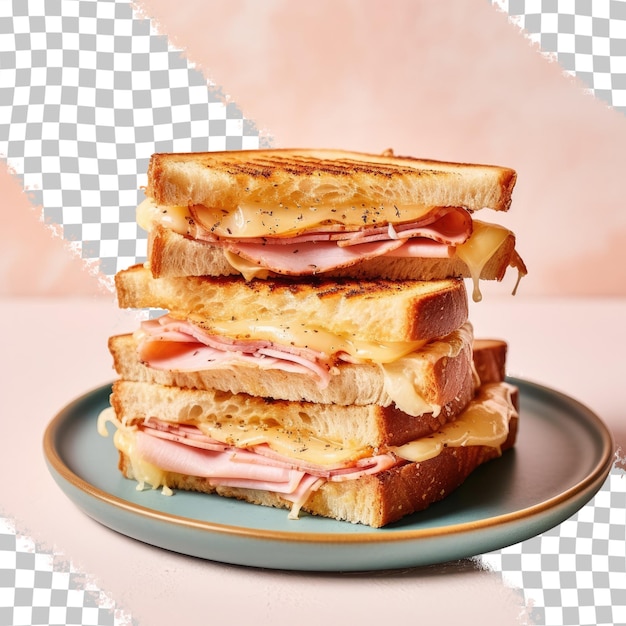 PSD freshly made ham and cheese grilled sandwiches on a ceramic plate transparent background copy space