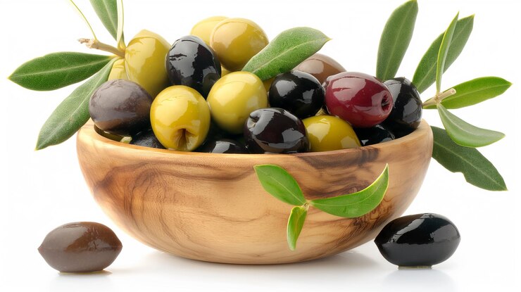 Freshly Pickled Olives in a Wooden Bowl