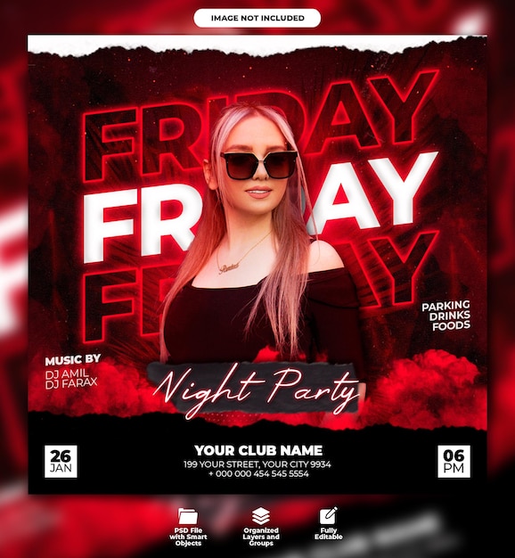 PSD friday club night party flyer and social media post template