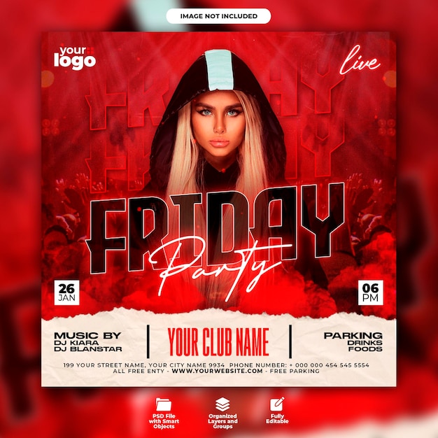 Friday club night party flyer and social media post template