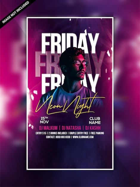 Friday neon night party instagram web banner template