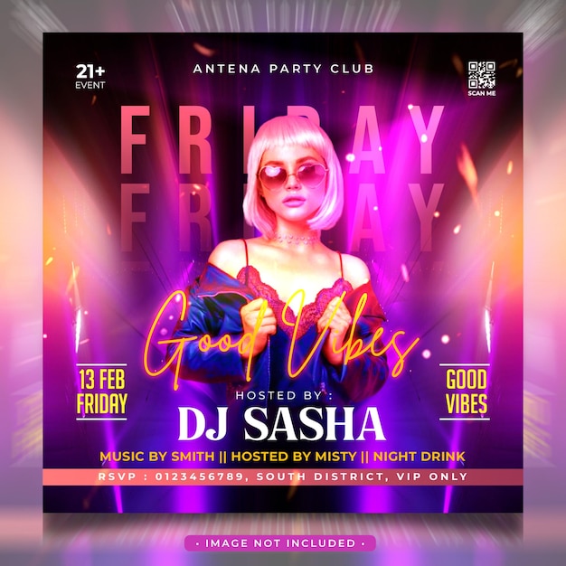 PSD friday party good vibes social media post and flyer template