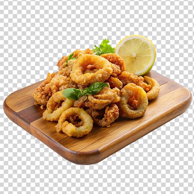 PSD fried calamari on cutting board isolated on transparent background