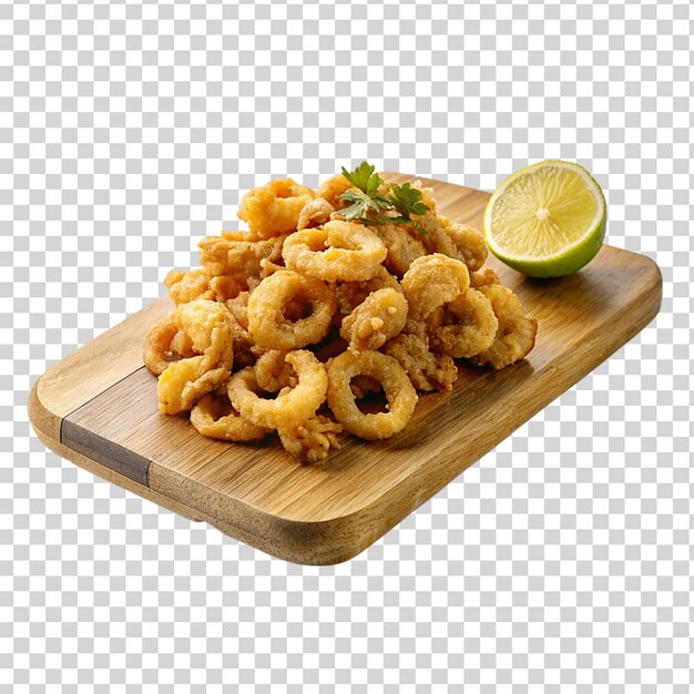 PSD fried calamari on cutting board isolated on transparent background