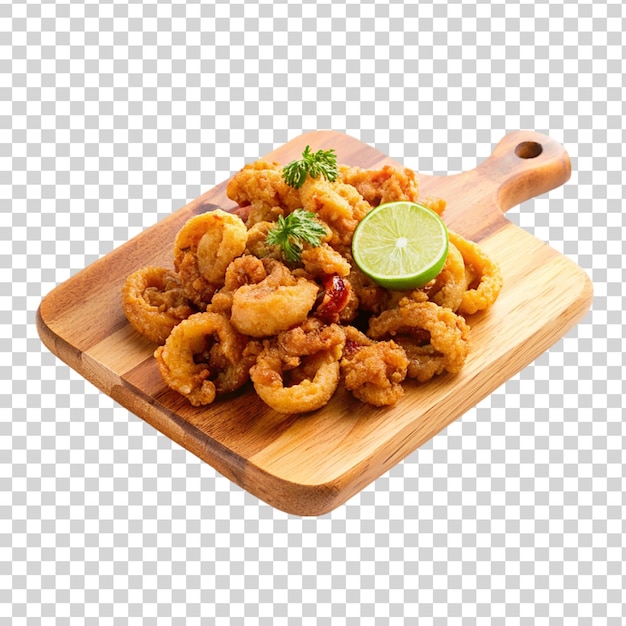 PSD fried calamari on cutting board isolated on transparent background