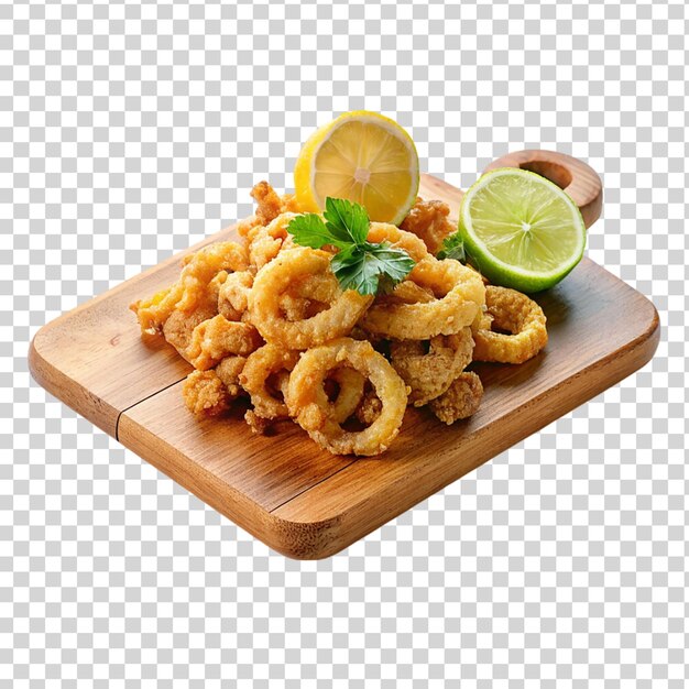 PSD fried calamari on cutting board isolated on transparent background