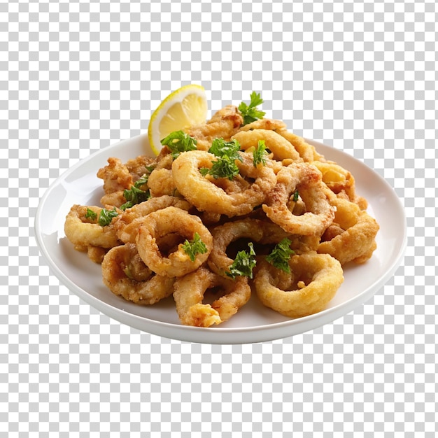 PSD calamari fritti su piastra bianca isolata su uno sfondo trasparente