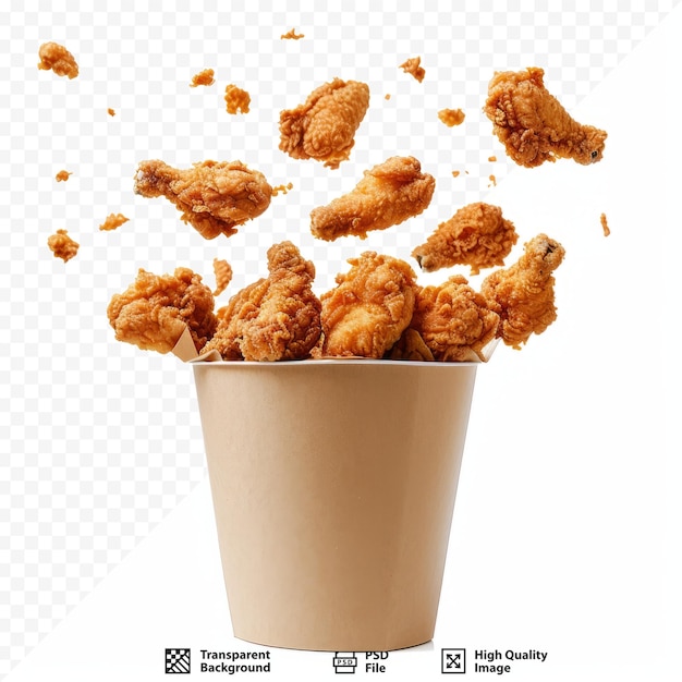 PSD fried chicken flying out of paper bucket isolated on white isolated background fried chicken on white with clipping path