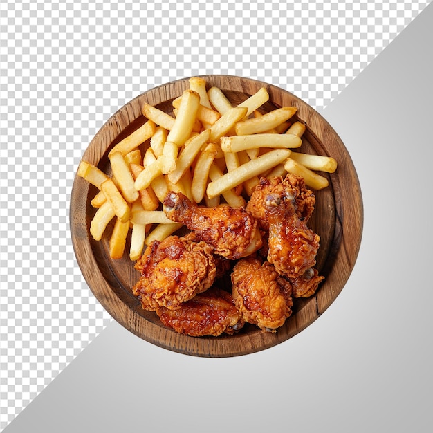 Жареная курица и картошка фри на деревянной тарелке png