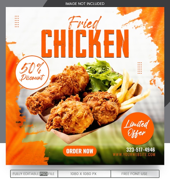 Modello di banner per la promozione del menu del pollo fritto su instagram e facebook