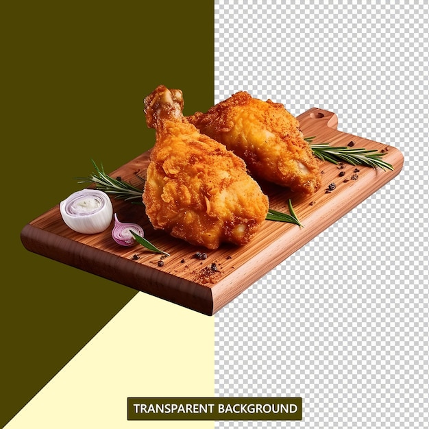 Fried chicken served on a wooden board with garnish