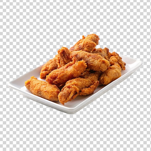 Fried chicken on white plate Isolated on a transparent background