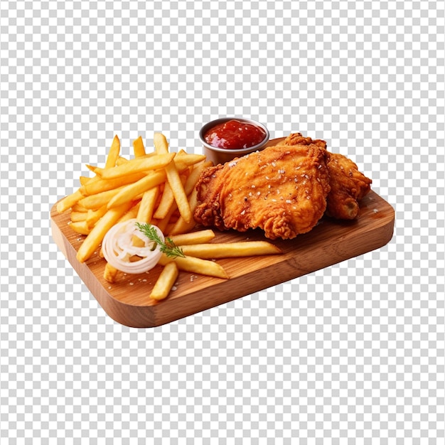 Fried chicken with french fries on transparent background