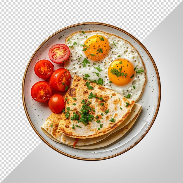 Fried egg with bread and tomato disc isolated