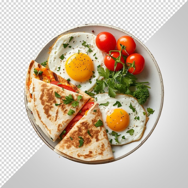 PSD fried egg with bread and tomato disc isolated