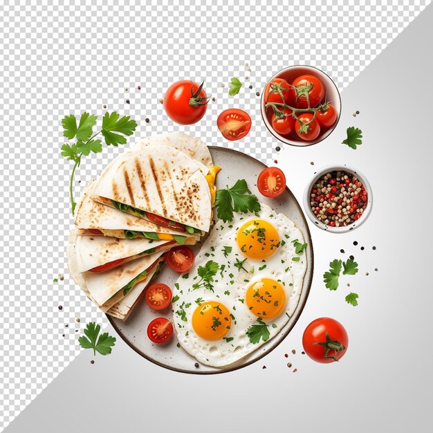 PSD fried egg with bread and tomato disc isolated