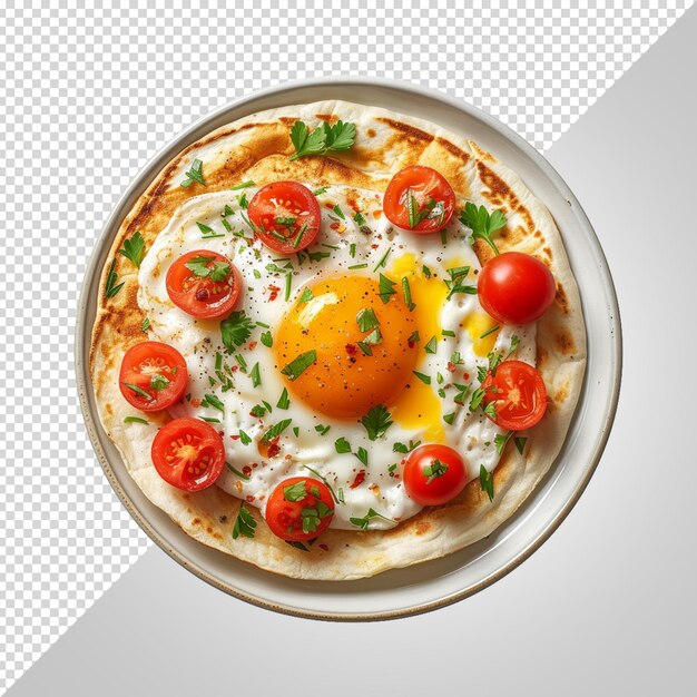 PSD fried egg with bread and tomato disc isolated