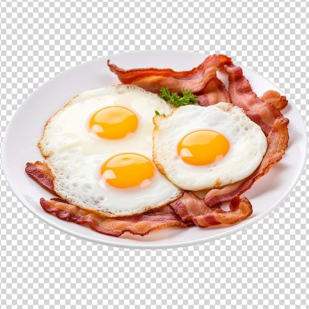 PSD fried eggs with bacon on a plate isolated on a transparent background top view