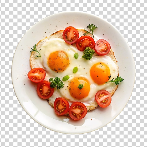 PSD fried eggs with tomatoes on plate isolated on transparent background