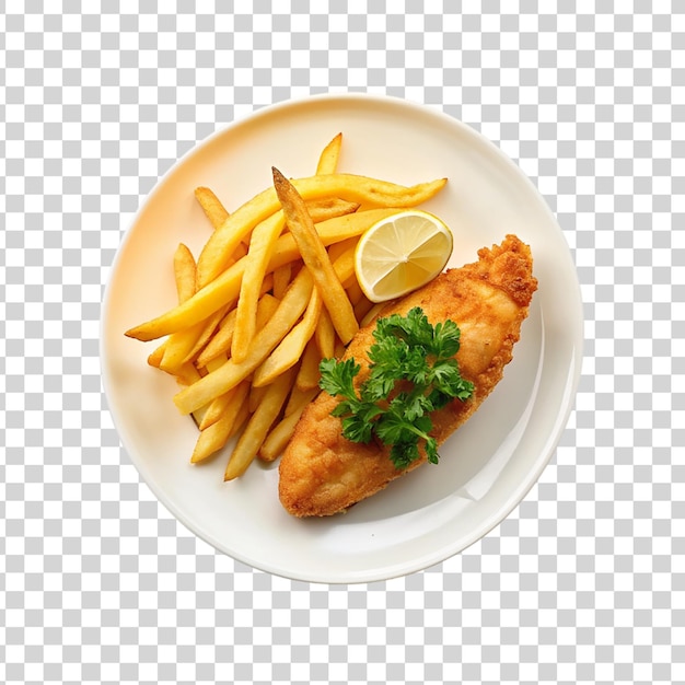 PSD fried fish with lemon and parsley on plate isolated on transparent background