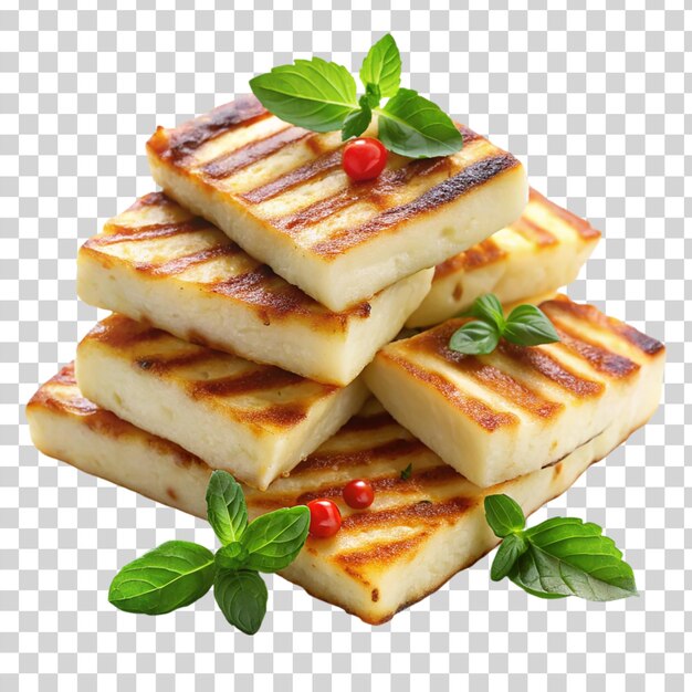 Fette fritte di formaggio halloumi isolate su uno sfondo trasparente