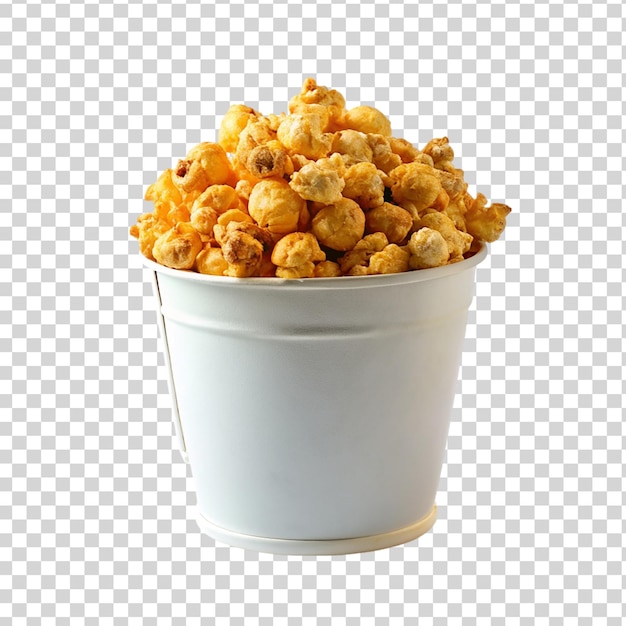 PSD fried popcorn on white bucket on transparent background