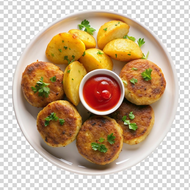 PSD fried potato minced beef patties with sauce isolated on transparent background