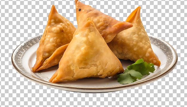 PSD fried samosas on a plate isolated on transparent background