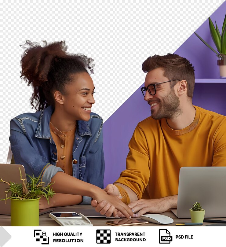 PSD friendly colleagues joyful young adult mulatta woman and caucasian man touching hands in greeting sitting opposite at table working on laptops surrounded by a green potted plant white pot png