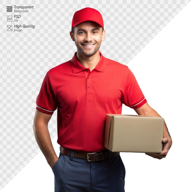 PSD friendly delivery man in red uniform holding a package