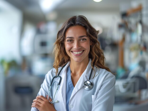 Un medico amichevole con un cappotto bianco con uno stetoscopio senza precedenti