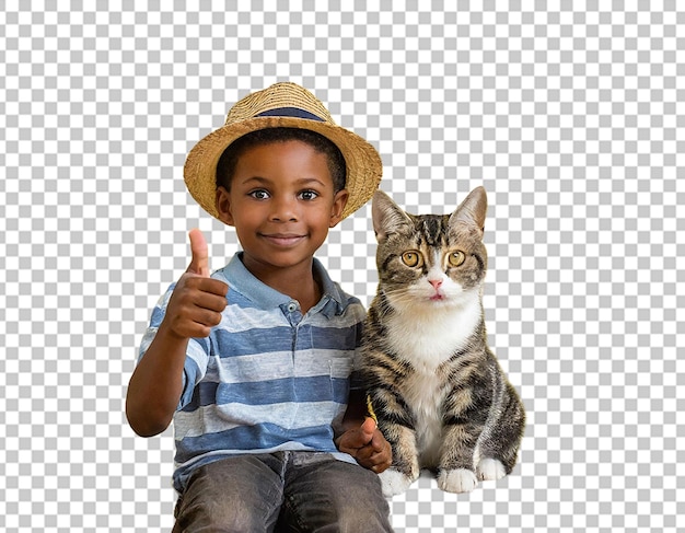 PSD a friendly dog or cat sitting beside a toddler both giving thumbs up
