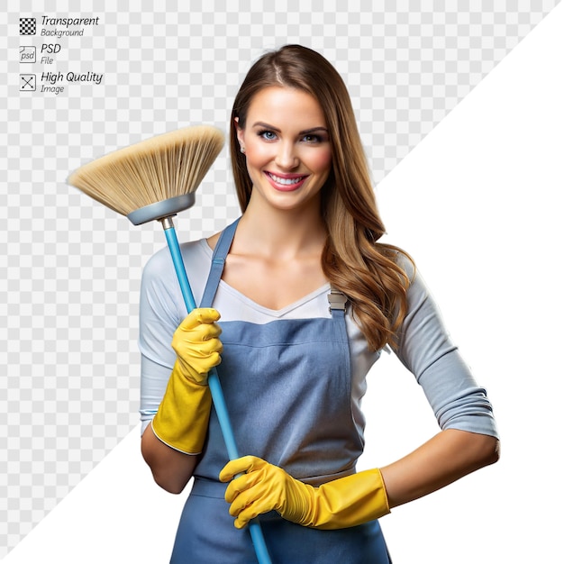 Friendly housekeeper poses with broom wearing gloves and apron