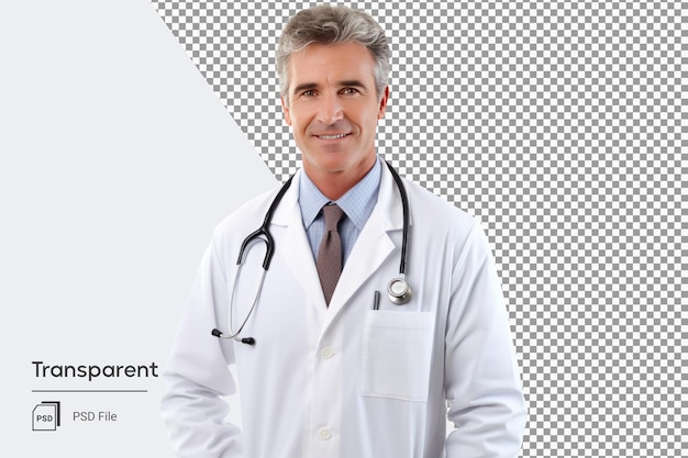 PSD friendly professional adult doctor man with stethoscope on his neck smiling in medical work clothes