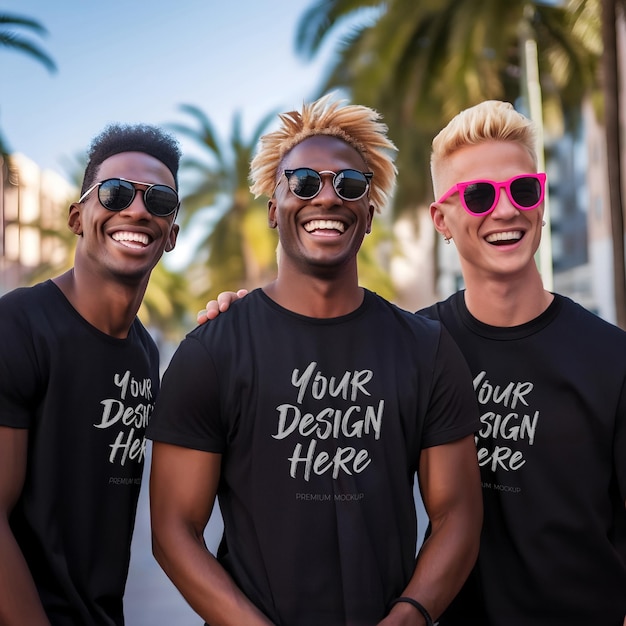 Friends Black TShirt Mockup with Guys Sporting Matching Shirts for Boys Night Out