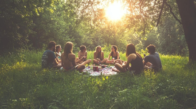 PSD friends enjoying a sunny picnic in a lush green forest