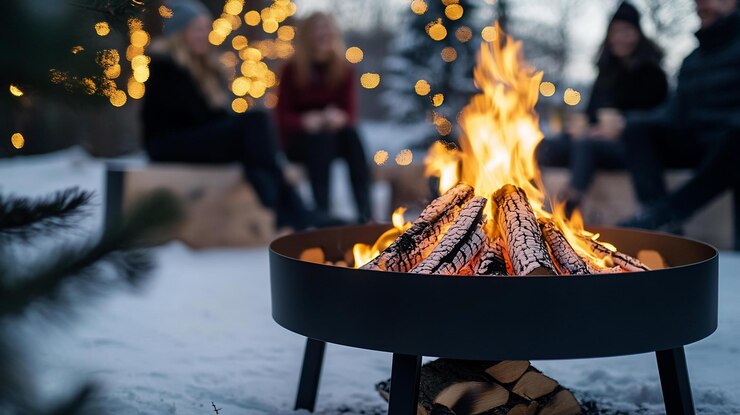 PSD friends gather around a bonfire in the snow during winter enjoying the warmth and festive lights