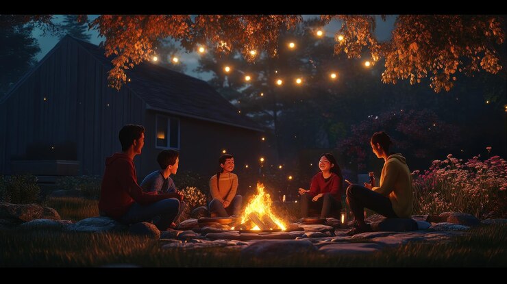 PSD friends gather around a bonfire under a tree with fairy lights at night enjoying a summer evening