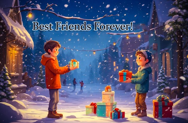 PSD 冬の天候や雪の夜に、お祝いやお祭りでお互いに贈り物をする友人