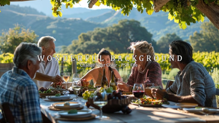 PSD friends sharing a meal in a vineyard