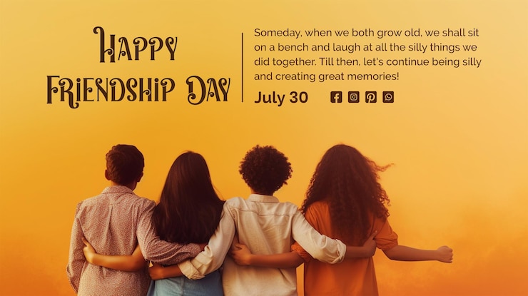 PSD friendship day concept boys and girls standing together backside scene on light orange background